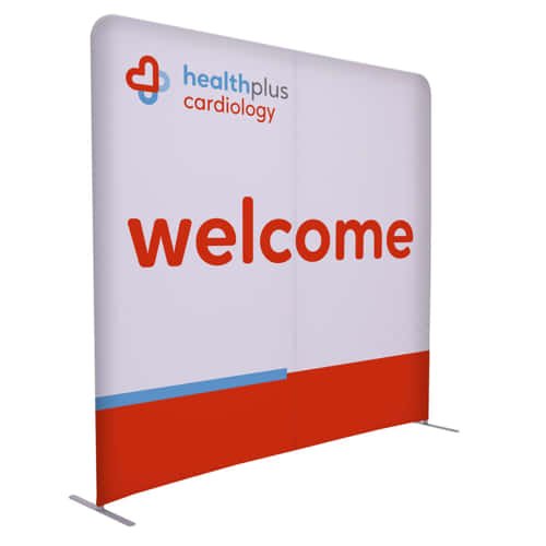 A freestanding curved tension fabric banner with bold "Welcome" text and HealthPlus Cardiology branding, ideal for medical conferences, check-in areas, and healthcare event signage.